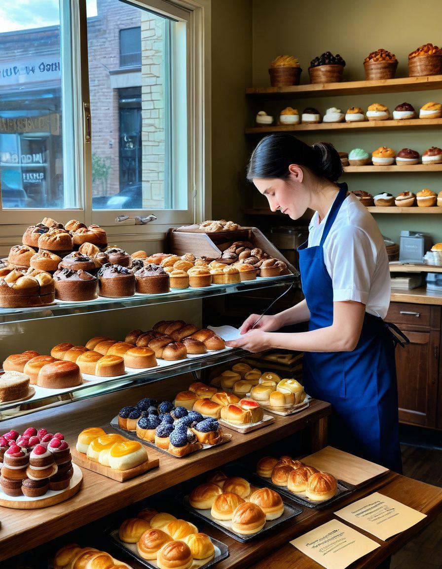 A cozy bakery with an array of colorful pastries displayed in the foreground. A concerned baker examines a document labeled 'Insurance Policy' on a wooden counter. In the background, a shelf holds jars of ingredients, while a sign emphasizes 'Protect Your Business'. Soft natural light filters through a window. vibrant colors. super-realistic.